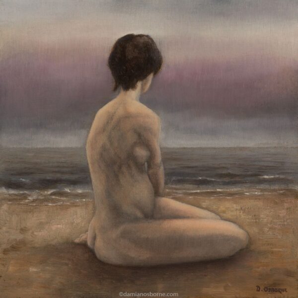 Vulnerability, figure painting by Damian Osborne of nude woman sitting beside calm sea.