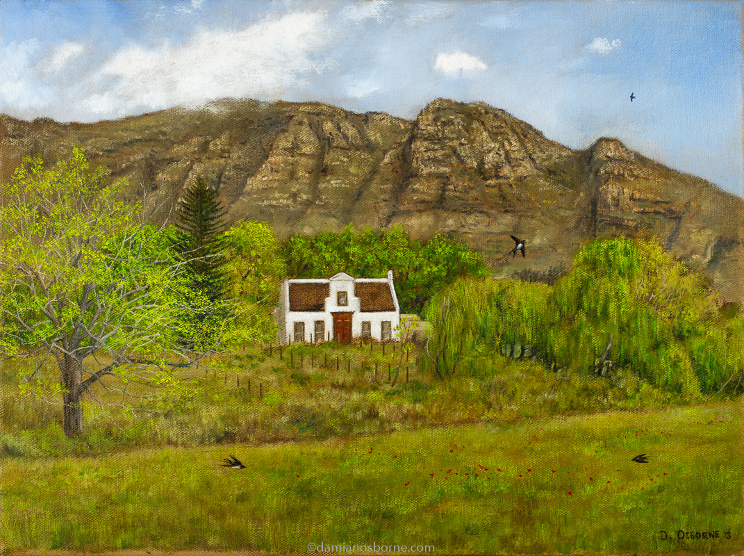 The Swallows (Nova Constantia), oil on canvas, 31 x 41 cm, Damian Osborne, 2013, plein air impressionism, Constantia vineyard painting, South African landscape oil painting.