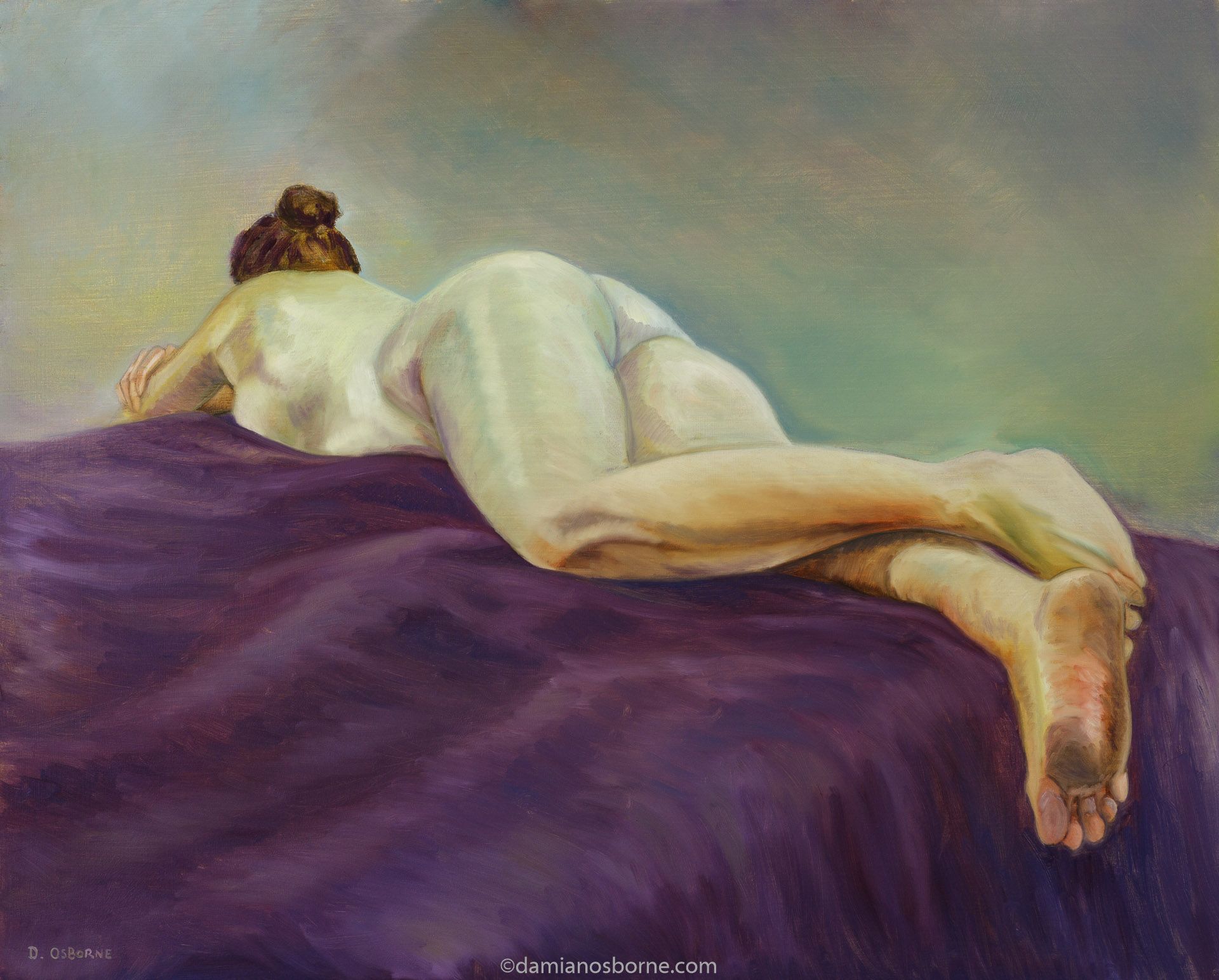 The Violet Bed, figurative oil painting by Damian Osborne, oil on board, 48 x 60 cm, 2017