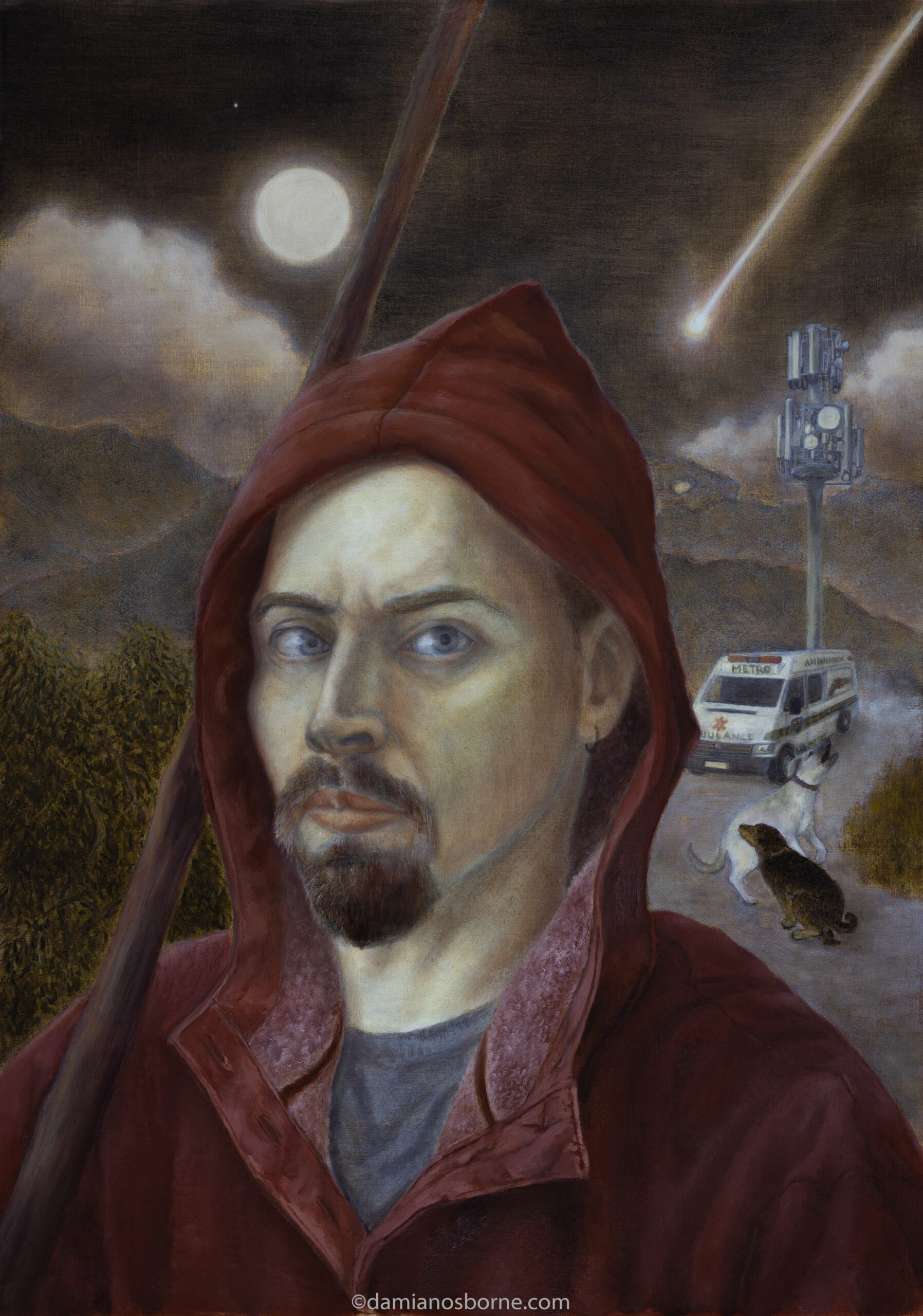 The Year of the Fool, oil on board, Damian Osborne, 2021. A contemporary realism self-portrait oil painting of a man with a hoodie.