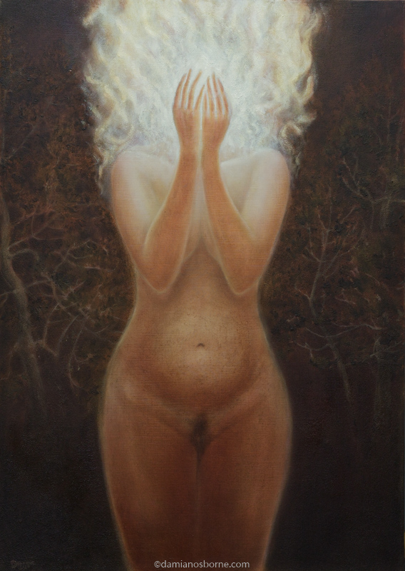 Tongues of Fire by Damian Osborne, oil on board, 60.5 x 43 cm, 2024. An allegorical realism painting of a naked woman with her head on fire.