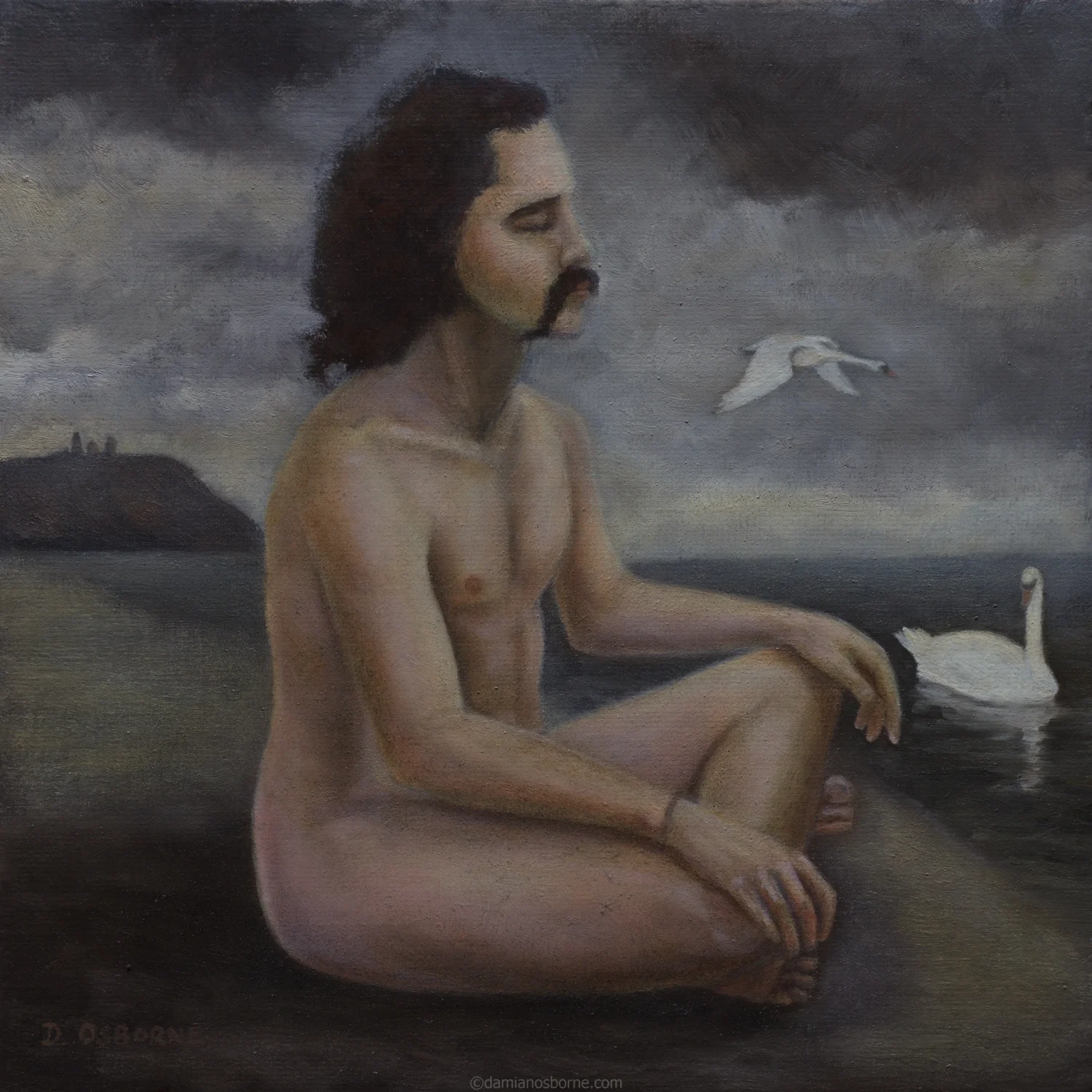 Aengus of the Birds, 2024 oil on board figure study painting of a seated male nude meditating with swans