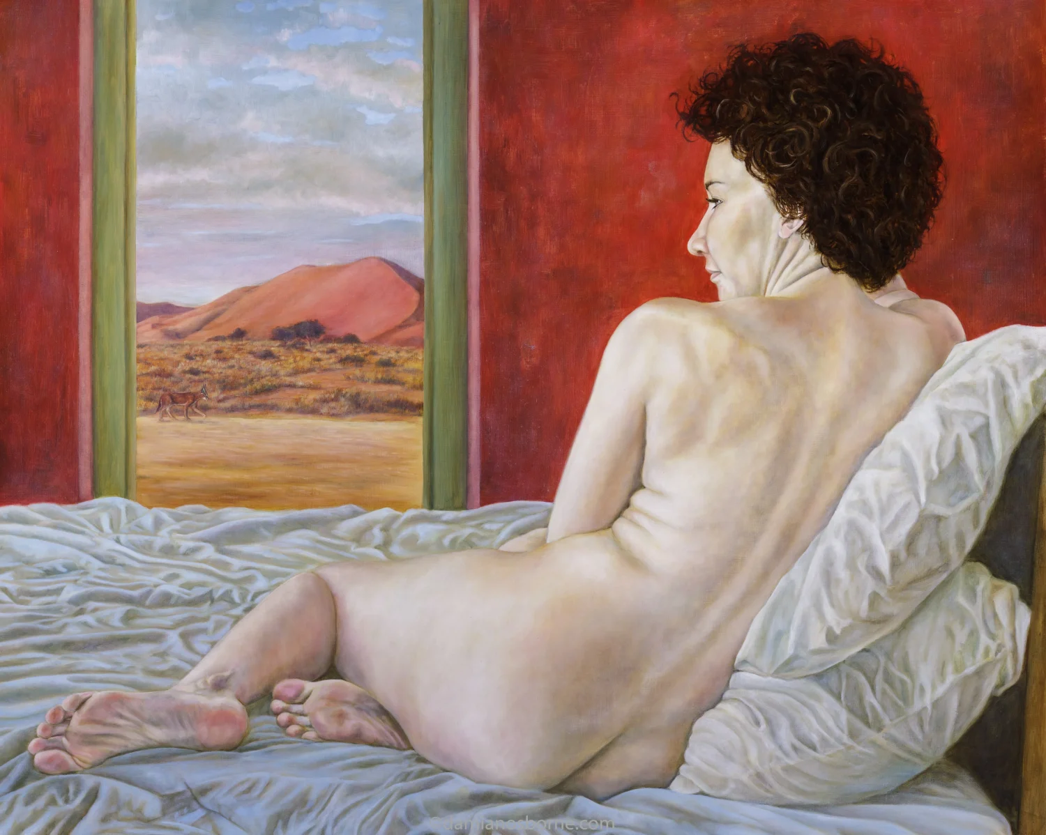Desert Daydreams, 2015, figurative oil painting by Damian Osborne of a reclining nude figure gazing at the desert