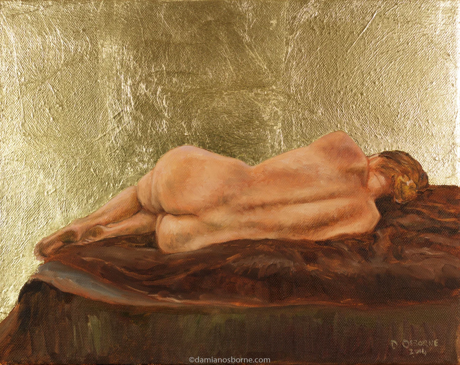Golden Silence, 2014 oil on canvas with gold leaf figure study painting depicting the back view of a female nude curled up on her side