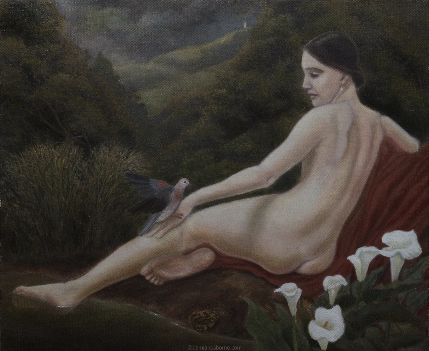 Lady of Gentleness, 2024 oil on canvas painting by Damian Osborne, classical realism nude figurative artwork of a woman with a dove