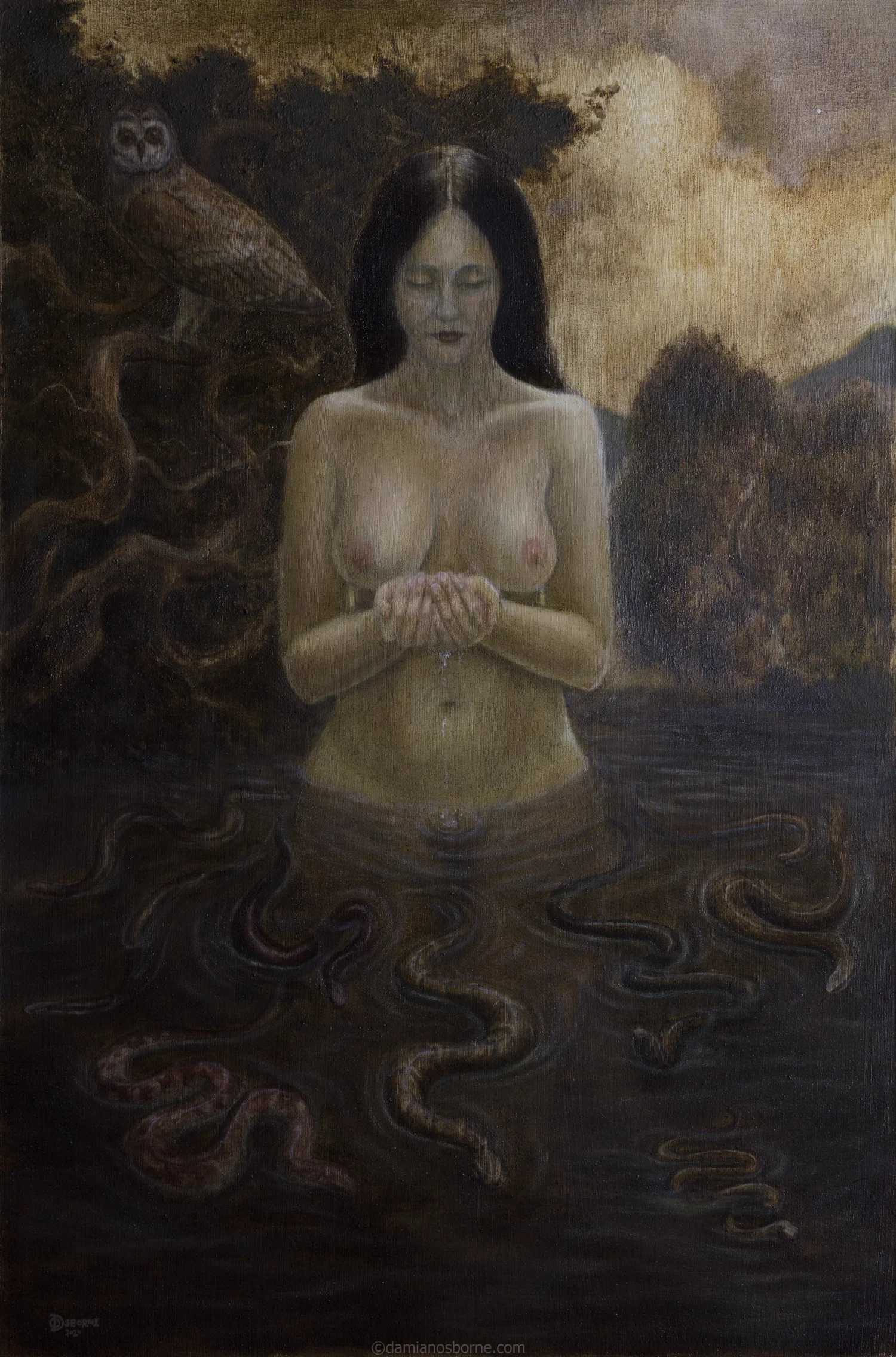 Lilith of the Shadow Wood, 2024 oil on board painting by Damian Osborne, figurative nude woman standing in a dark pool with snakes surrounding her
