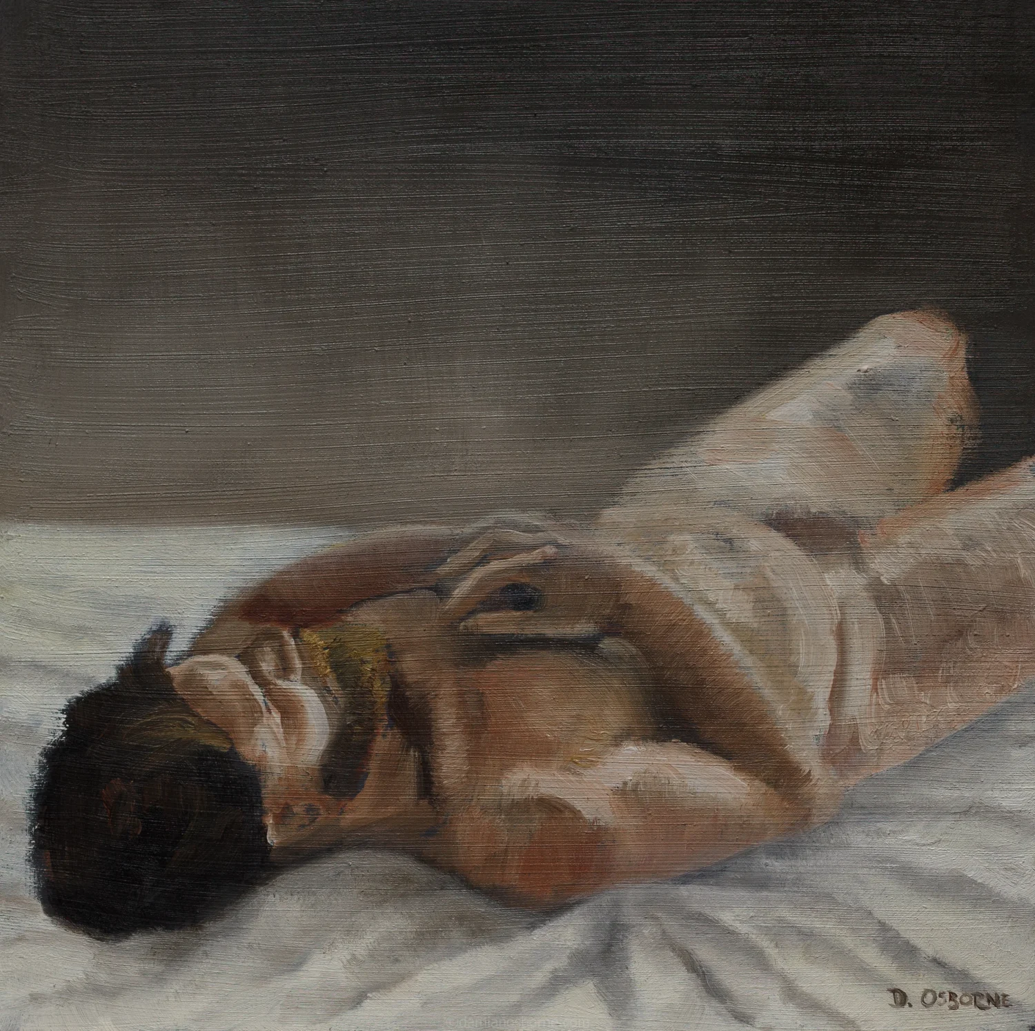Male Nude Lying on Back, 2023 oil on board figure study painting of a bearded nude man reclining
