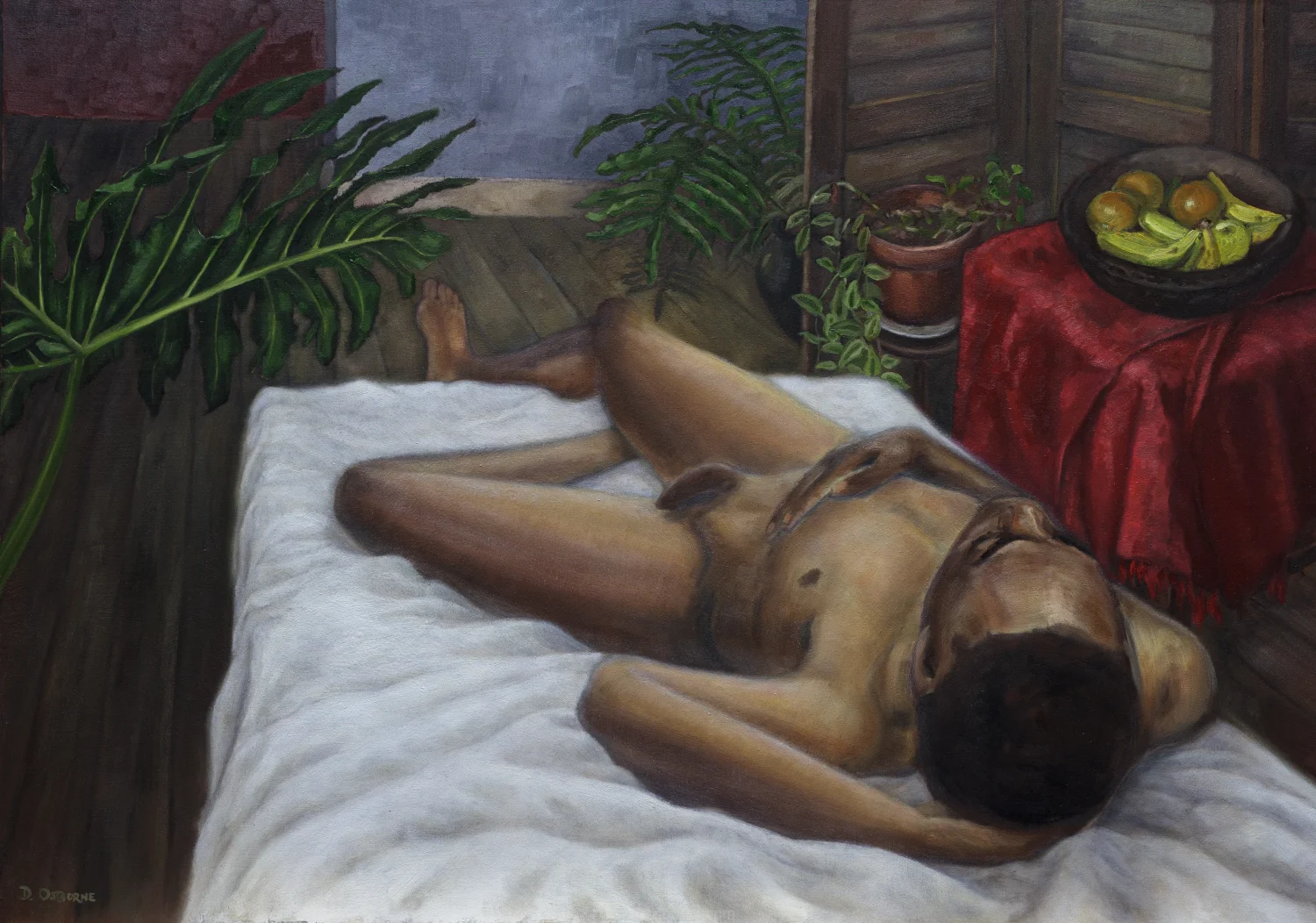 Male Nude with House Plants and Fruit Bowl, 2023 oil on board figure painting of a reclining nude black man surrounded by house plants