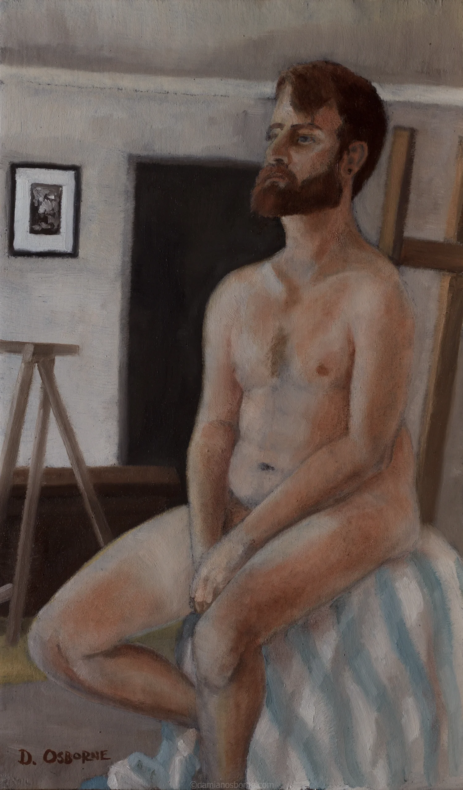 Male Nude Seated, 2023 oil on board figure study painting depicting a bearded man sitting on a pedestal in a life drawing studio