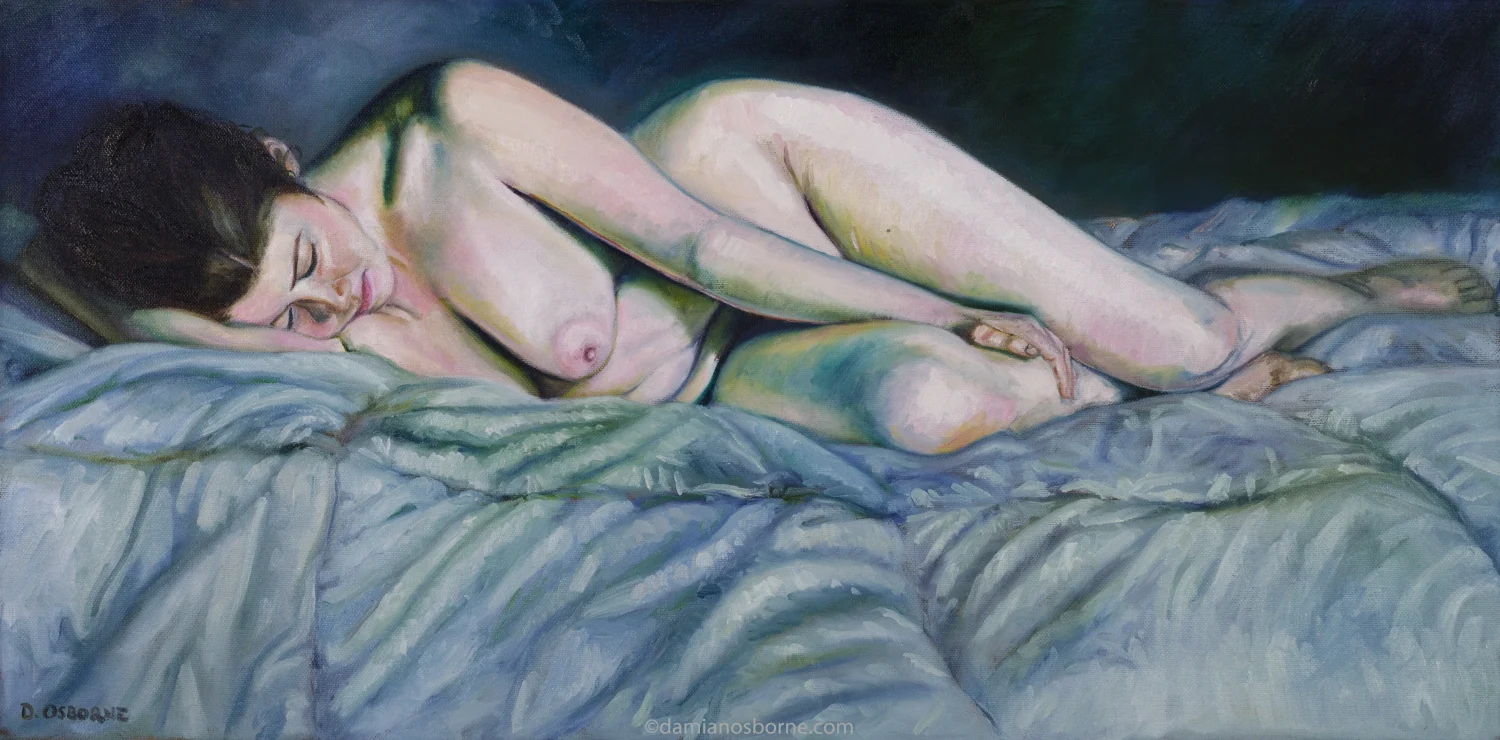 Ode to Prussian Blue, 2016 oil on canvas painting of a reclining female nude on blue bed sheets