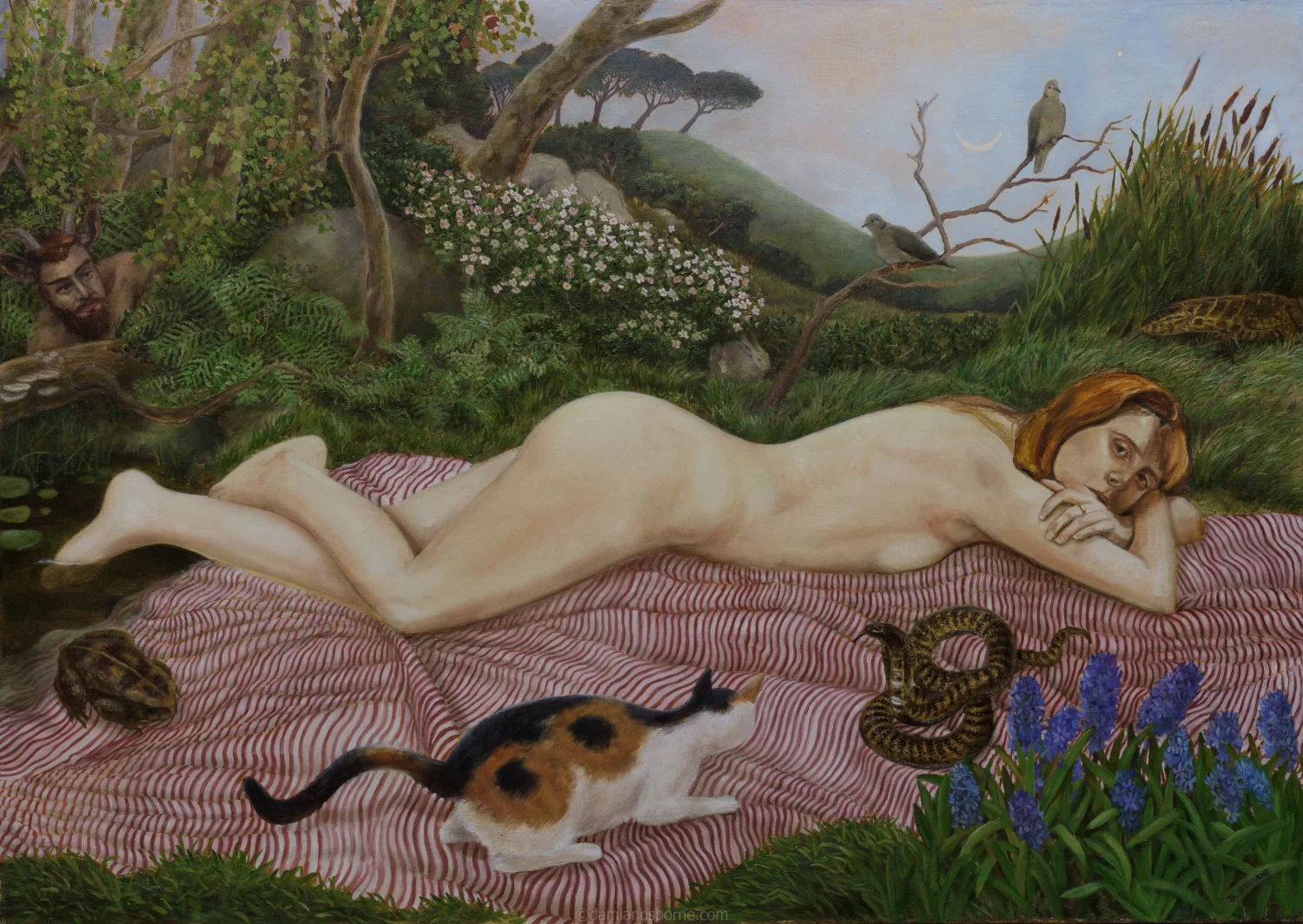 Prélude à l'Aprés-Midi d'un Faune, 2023 oil on board by Damian Osborne, contemporary realist figurative painting of a nude woman lying on a striped cloth in a lush landscape with a cat, snake, frog, and a faun hiding in the foliage