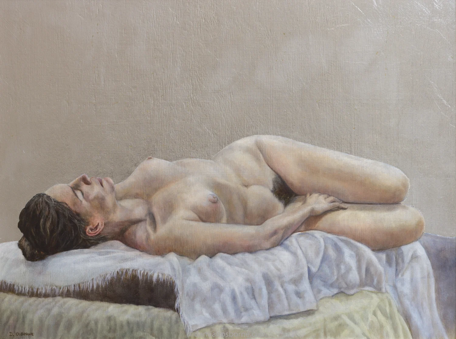 Silver, 2017 oil on board with silver leaf painting of a reclining female nude lying on a bed with eyes closed