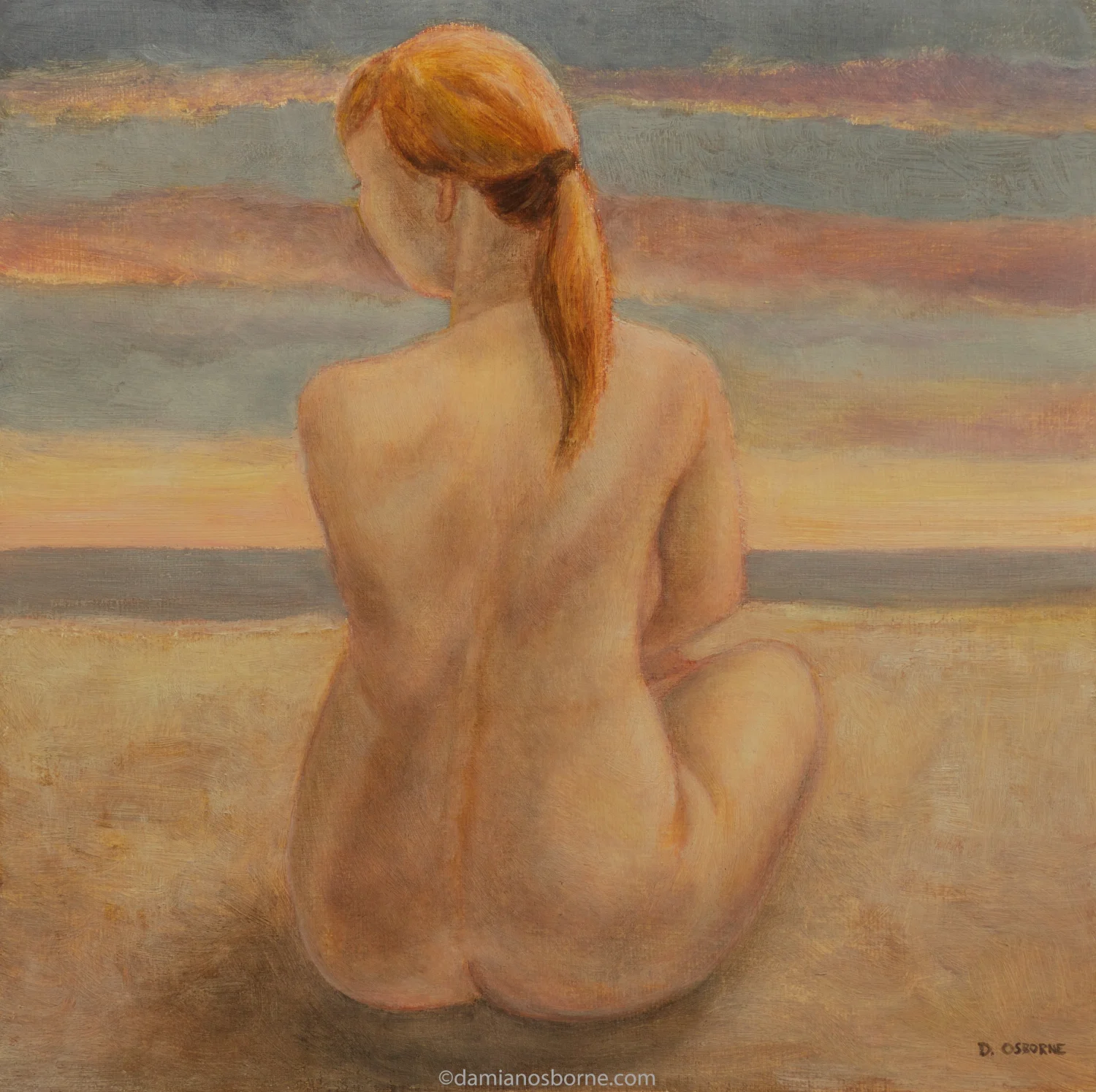 Sirens Paintings series figurative oil painting Awakening by Damian Osborne depicting a nude woman sitting on beach waiting for the sunrise