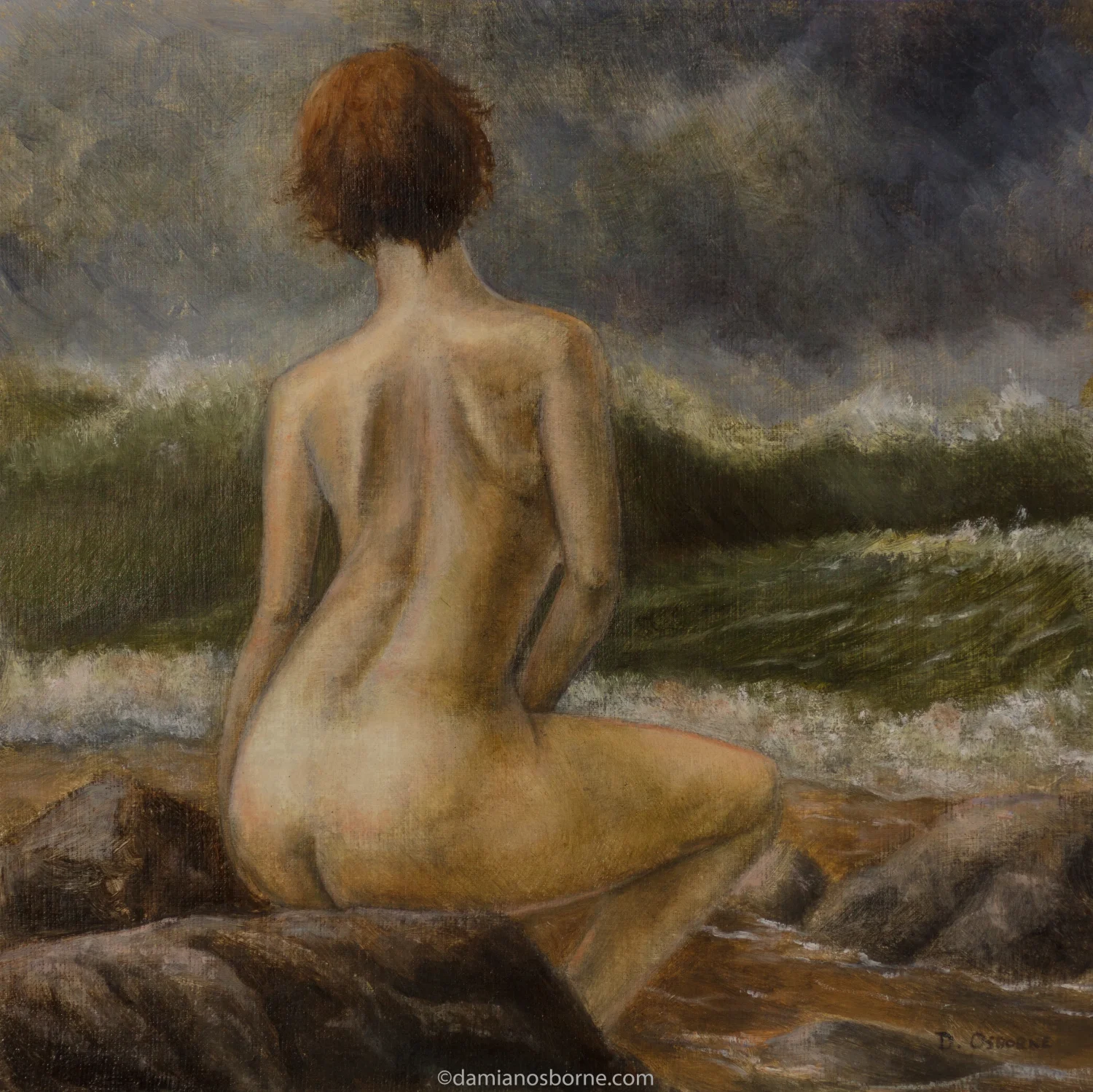 Sirens Paintings series figurative oil painting Facing the Waves by Damian Osborne depicting a nude woman sitting on a rock before a stormy ocean