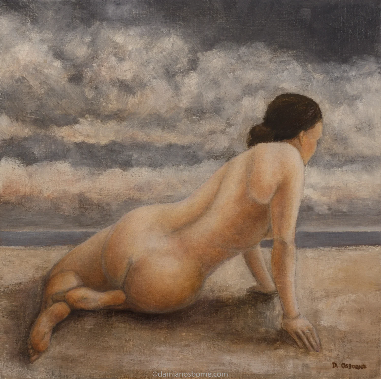 Sirens Paintings series figurative oil painting Flightless Bird by Damian Osborne depicting a nude woman raising herself up with her hands on the ground beside the ocean