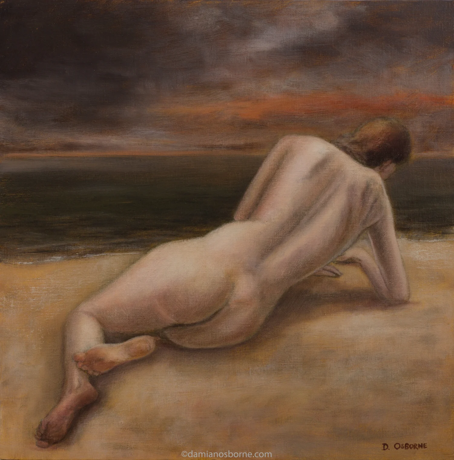 Sirens Paintings series figurative oil painting Give Your Burdens to the Sky by Damian Osborne depicting a nude woman lying on the beach propped on her elbow beside a dark shoreline