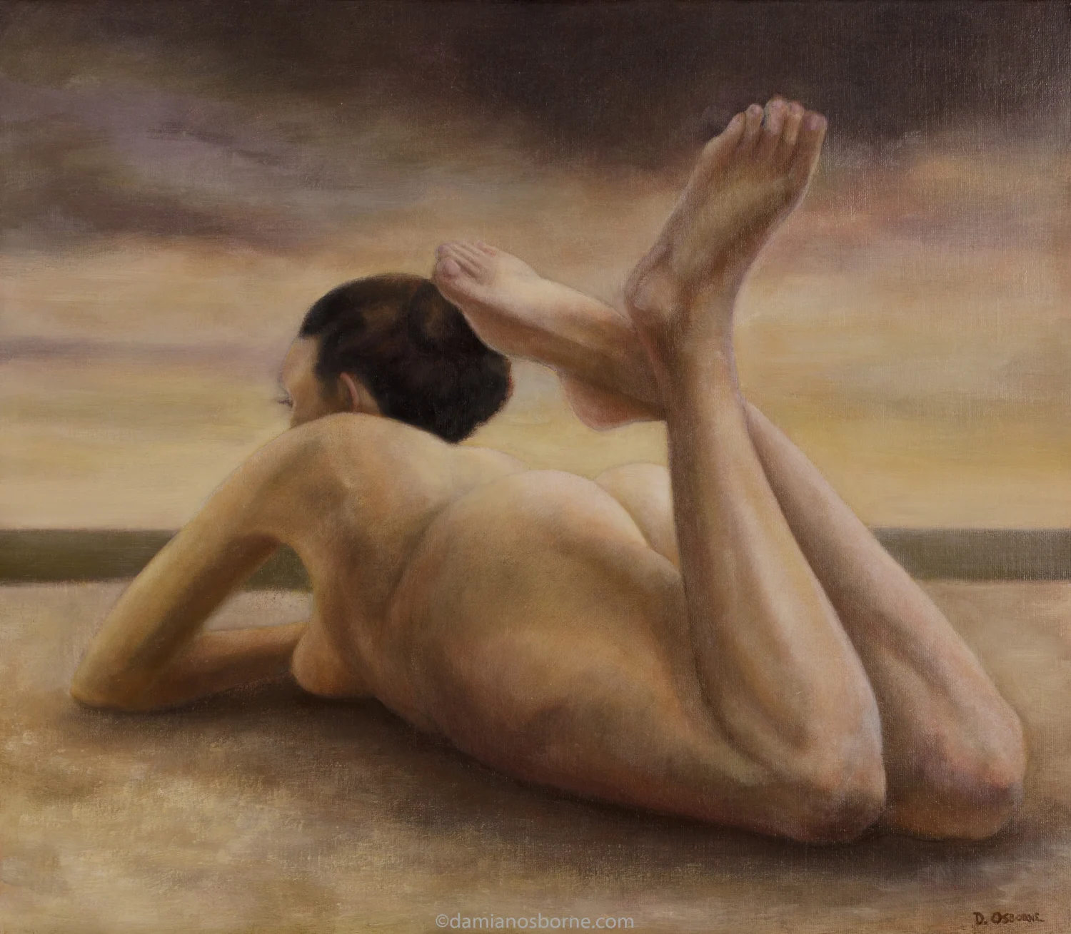 Sirens Paintings series figurative oil painting Low Tide by Damian Osborne depicting a nude woman lying on the beach looking out at the low horizon