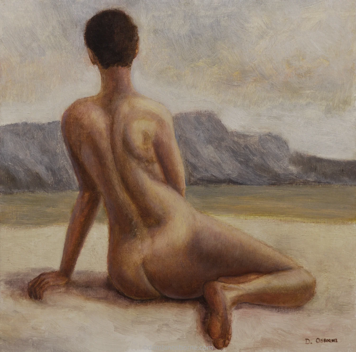 Sirens Paintings series figurative oil painting No Way Across This Channel by Damian Osborne depicting a nude woman sitting on a beach staring across a channel at distant mountains