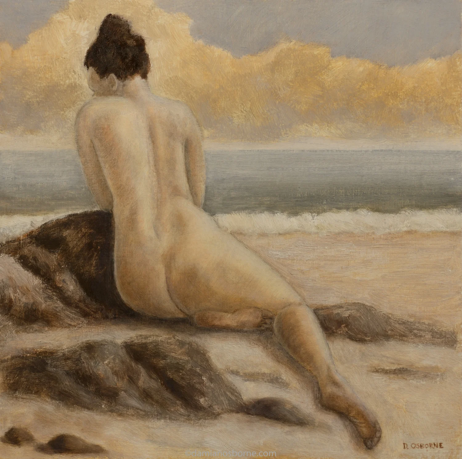 Sirens Paintings series figurative oil painting Remembering How Hard it's Been by Damian Osborne depicting a nude woman leaning against a rock at the seaside