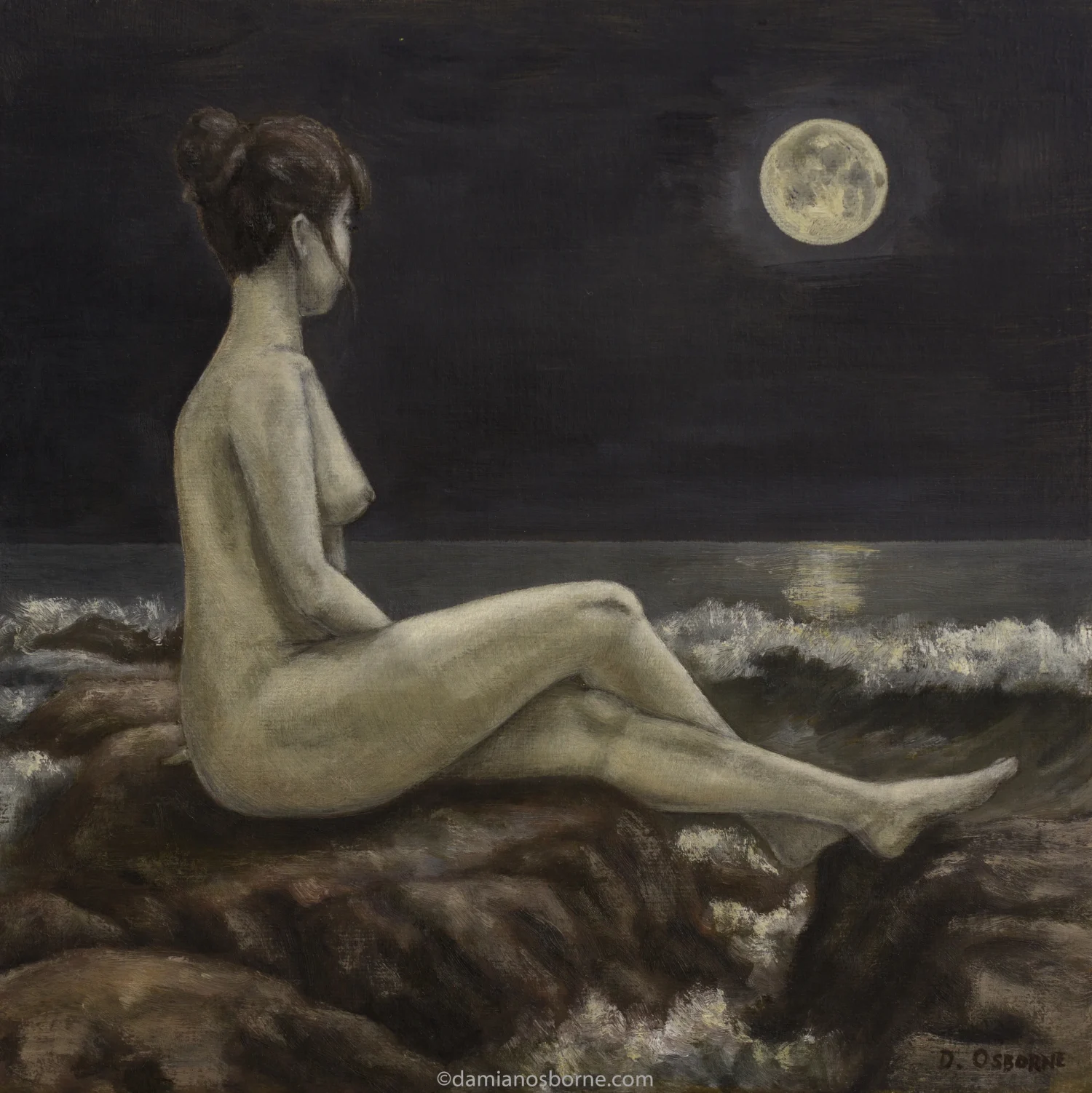 Sirens Paintings series figurative oil painting Song to the Moon by Damian Osborne depicting a nude woman sitting on a rock beside the ocean gazing at a full moon