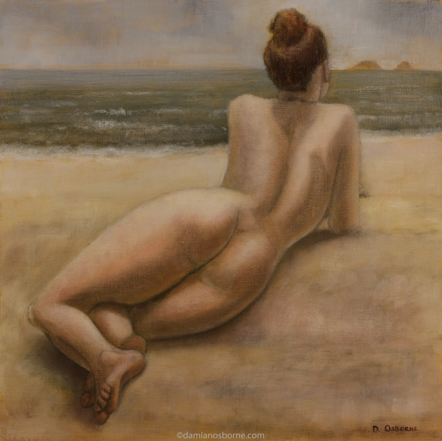 Sirens Paintings series figurative oil painting Strange Islands by Damian Osborne depicting a nude woman lying on the beach looking across the see at distant islands