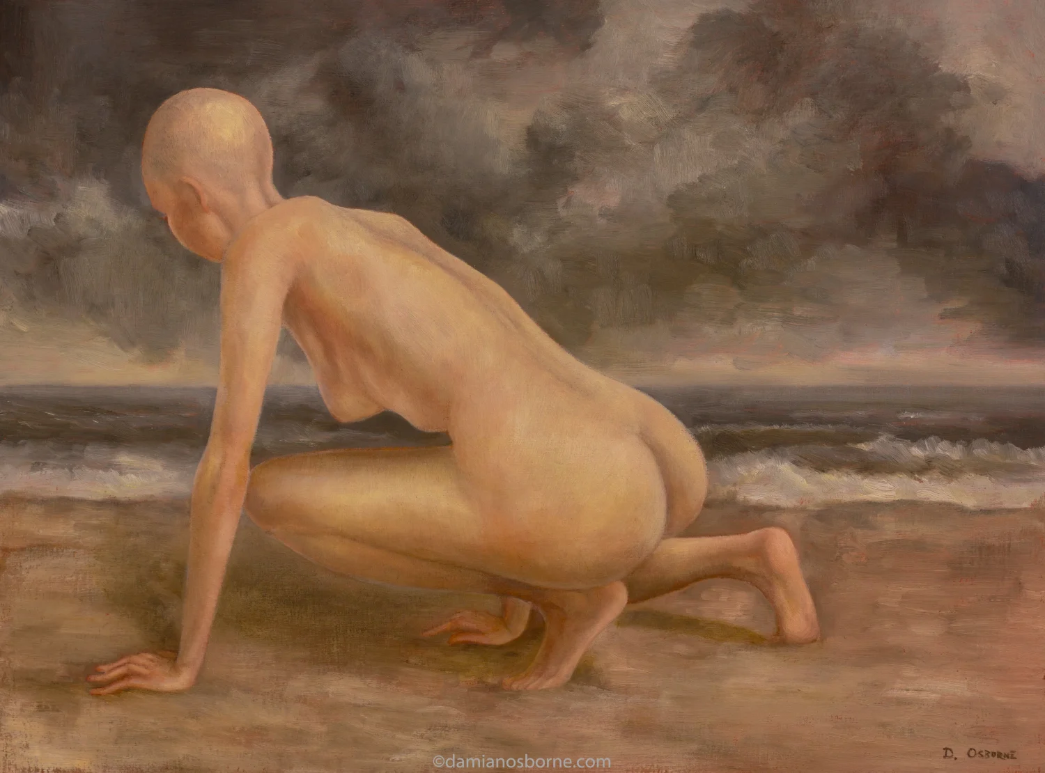 Sirens Paintings series figurative oil painting The Ocean and the Giantess by Damian Osborne depicting a nude woman crouching on all fours on the seashore with dark storm clouds