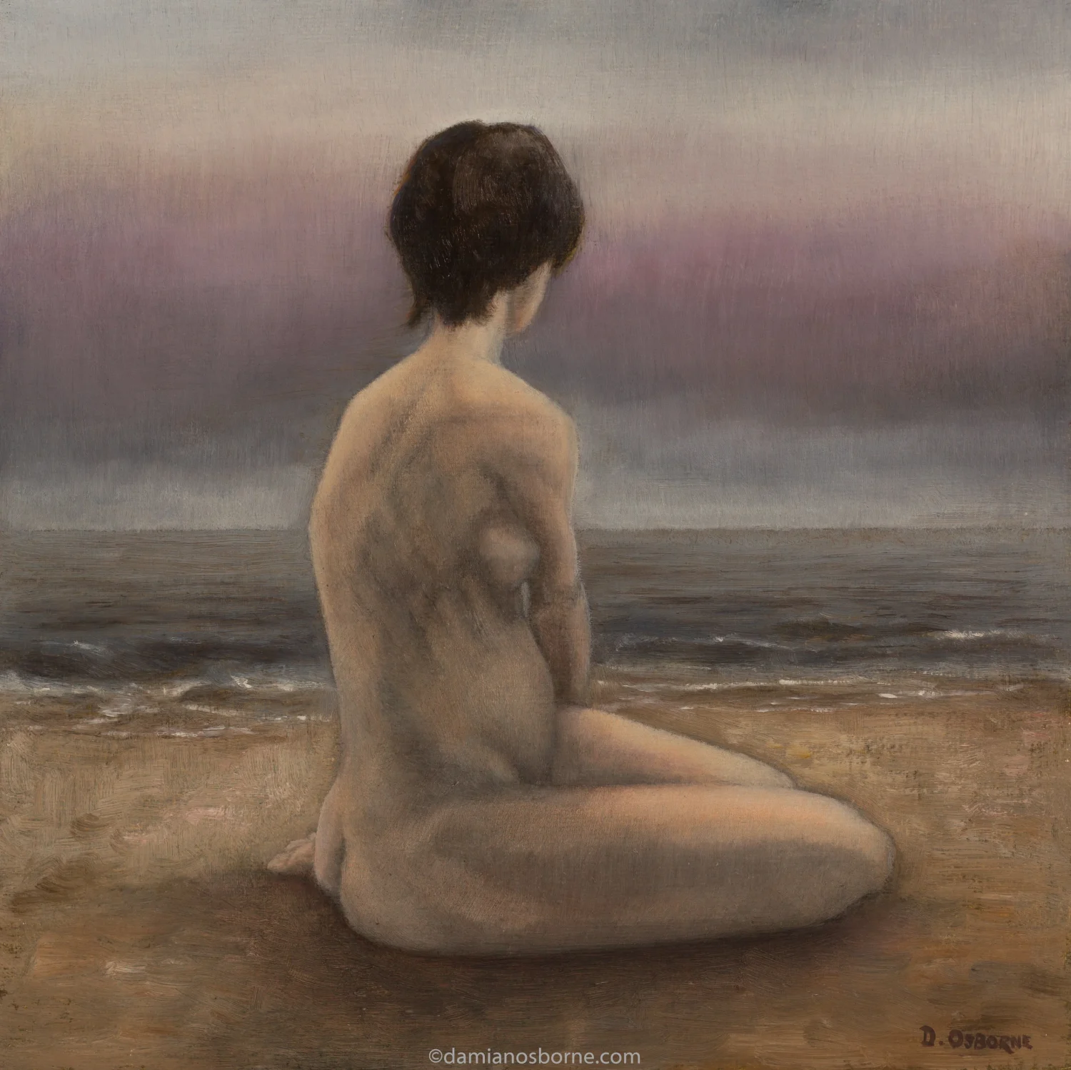 Sirens Paintings series figurative oil painting Vulnerability by Damian Osborne depicting a nude woman sitting beside a calm sea looking out at the horizon