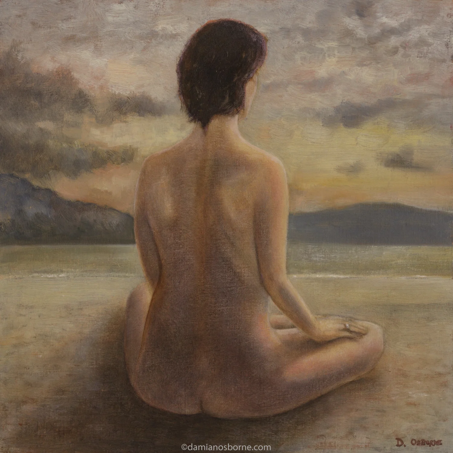 Sirens Paintings series figurative oil painting Waiting for the Sky to Speak by Damian Osborne depicting a nude woman meditating on the beach