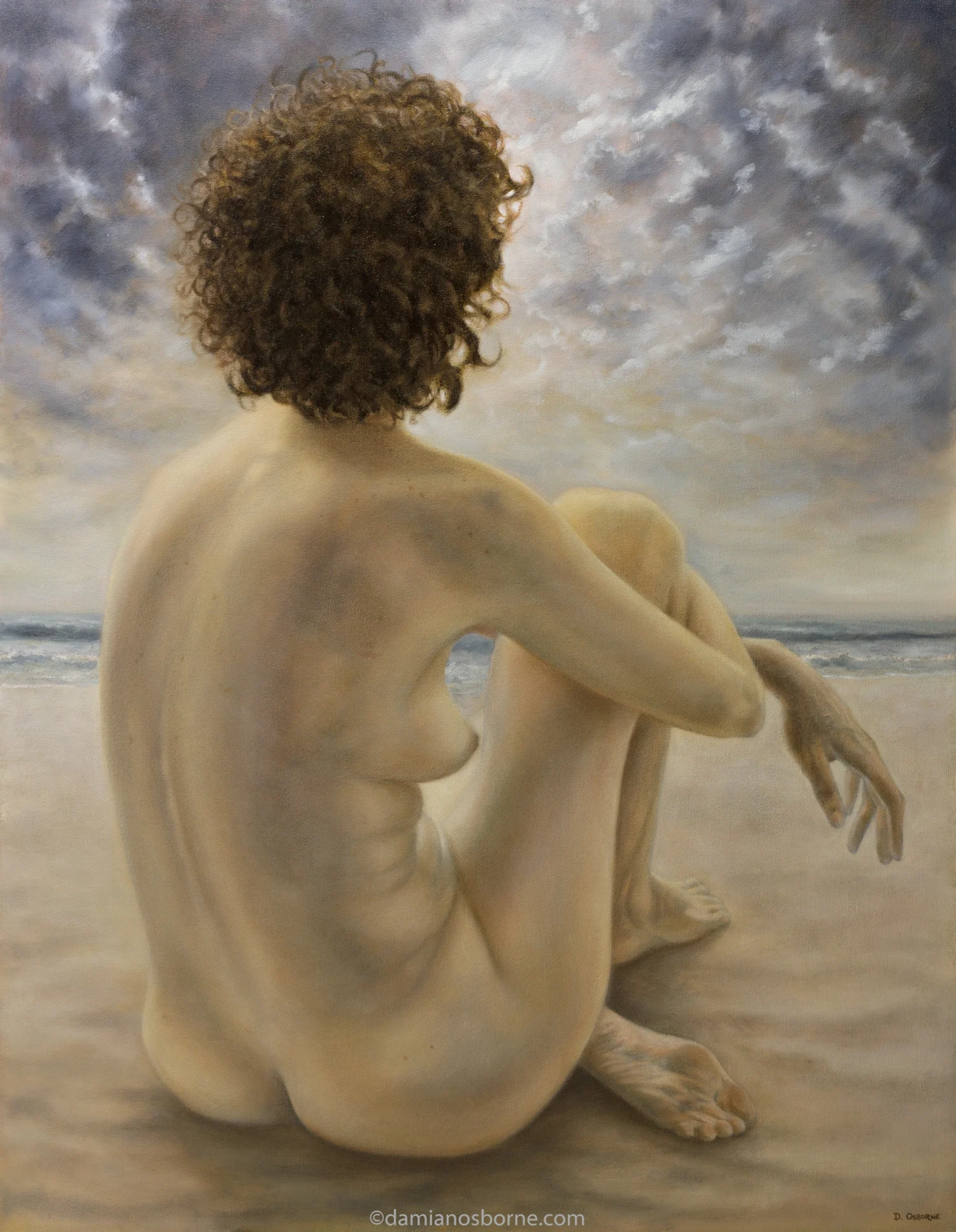 The Empty Lands, oil on canvas by Damian Osborne, figurative painting of a nude woman sitting on a beach staring at the sunset behind swirling clouds, featured in the Sirens Paintings Series