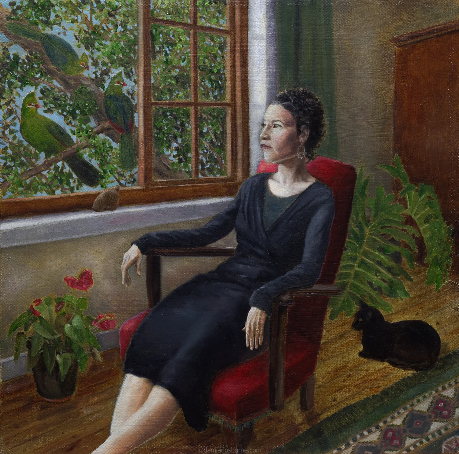 The Louries, 2023 oil on canvas by Damian Osborne, contemporary figurative portrait painting of the artist's wife with Knysna Louries