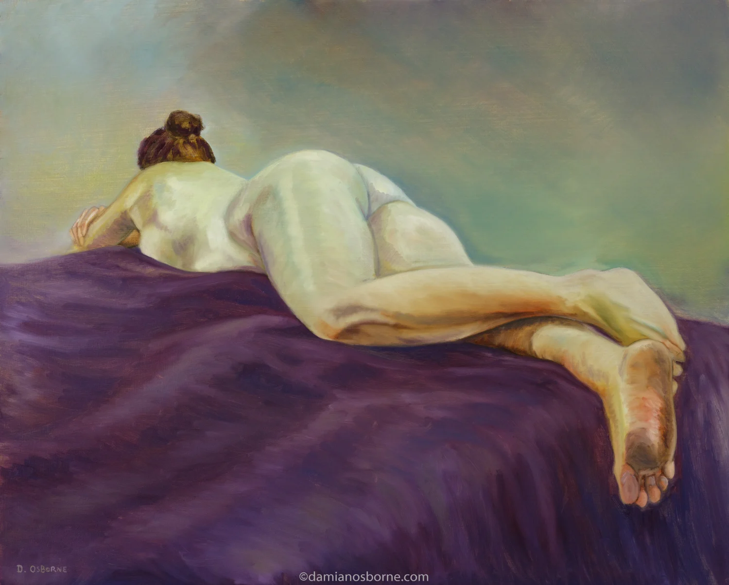 The Violet Bed, 2017 oil on board painting of a female nude lying on her stomach with feet hanging off the bed