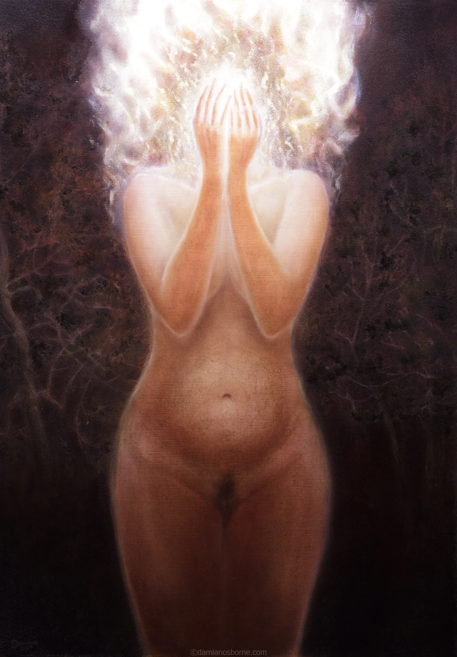 Tongues of Fire, 2024 oil on board by Damian Osborne, esoteric realism painting of a nude woman with her head on fire, symbolic realism