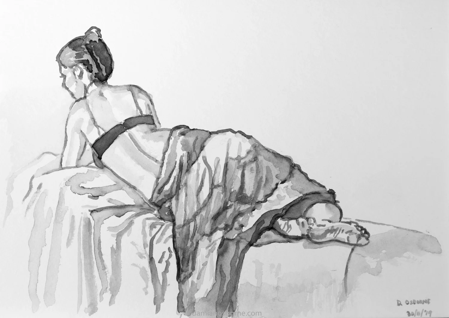 Woman in a Gypsy Dress, 2019 watercolour on paper figurative painting by Damian Osborne depicting a reclining figure in a gypsy dress with her back to the viewer